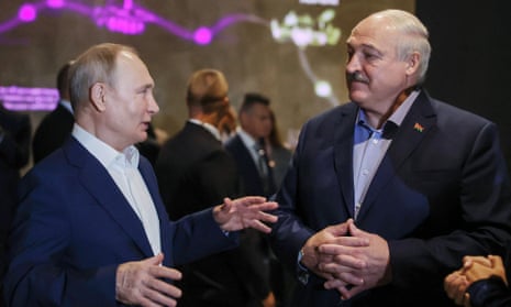 Putin, left, and Lukashenko at a museum in Kronstadt on Kotlin Island, outside Saint Petersburg, on Sunday