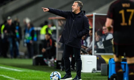 Hansi Flick gestures on the sideline during the friendly match between Germany and Belgium.