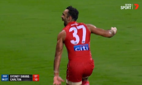 AFL player Adam Goodes performs an Indigenous dance after scoring for the Sydney Swans against Carlton in an AFL match in Australia in May 2015. This is a screengrab of the moment as broadcast on Channel Seven.