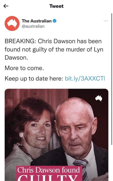 The Australian’s social media post said Dawson was found not guilty.