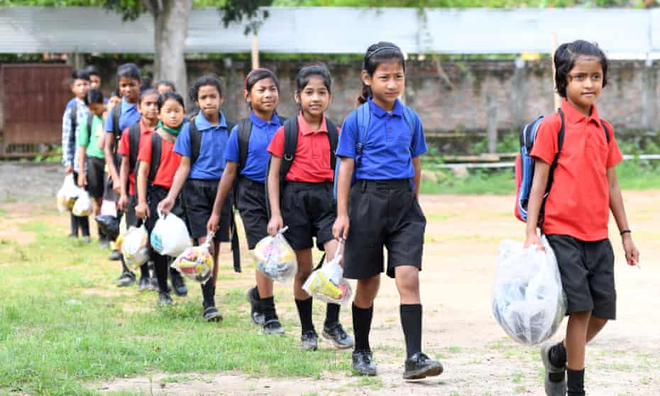 Every week, pupils at Akshar school must bring up to 20 items of plastic collected from their homes and the local area as their ‘fee’ for tuition.