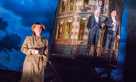 Liam Brennan (Inspector Goole), Clive Francis (Mr Birling), Hamish Riddle (Eric Birling) and Matthew Douglas (Gerald Croft) in An Inspector Calls at Playhouse Theatre, London. 