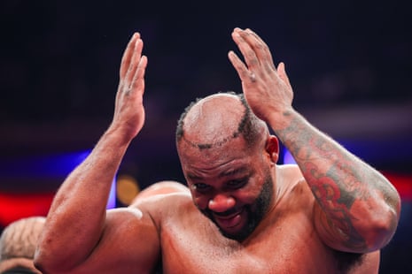 Jarrell Miller reacts to his toupee falling off after Saturday’s fight with Kingsley Ibeh.