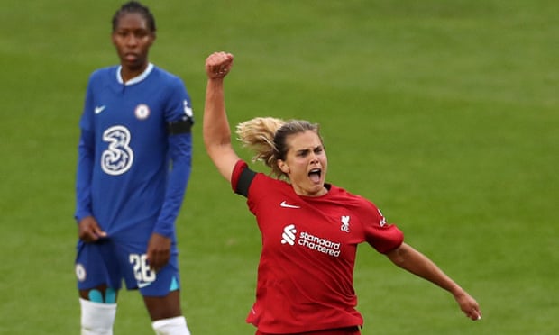 Katie Stengel of Liverpool celebrates after scoring one of her two penalties against Chelsea.