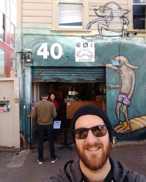 Daryl French outside a cafe serving takeaway coffees in central Wellington, North Island.