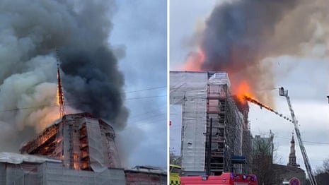 Moment spire collapses at Copenhagen's old stock exchange – video