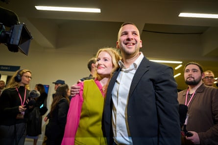 Hannah Spencer celebrates with Zack Polanski after winning the Gorton and Denton byelection, 27 February 2026.