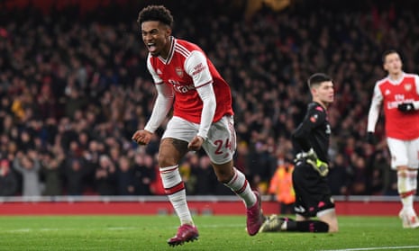 Arsenal’s Reiss Nelson celebrates scoring the winning goal.