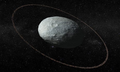 Artistic illustration of Haumea and its ring system. The ring is located at 1,421 miles from the centre of the dwarf planet and is darker than its surface.