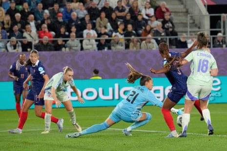 France’s Grace Geyoro (second right) scores her side’s 4th extremity past Wales goalkeeper Safia Middleton-Patel.