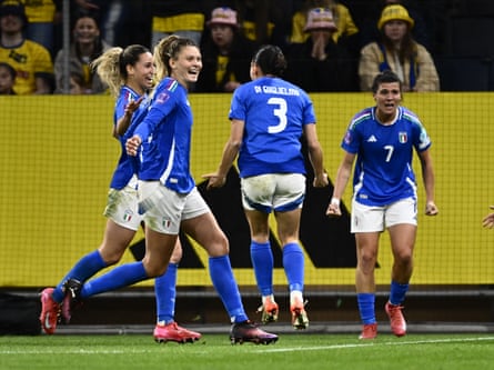 Michela Cambiaghi (2nd L) celebrates after scoring during the UEFA Nations League match between Sweden and Italy