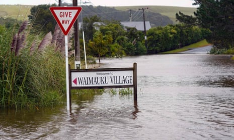 A flooded street in Kumeu, a suburb west of Auckland.