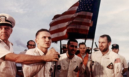 The crew of the Apollo 8 spacecraft (Bill Anders, 3rd left) following the lunar orbital mission, 27 December 1968.