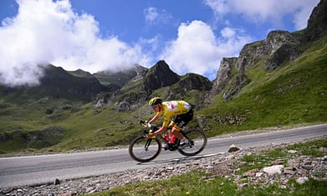 Tadej Pogacar of Slovenia wearing the overall leader’s yellow jersey descends the Tourmalet pass.