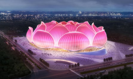 The enormous football stadium designed to look like a lotus flower in Guangzhou.