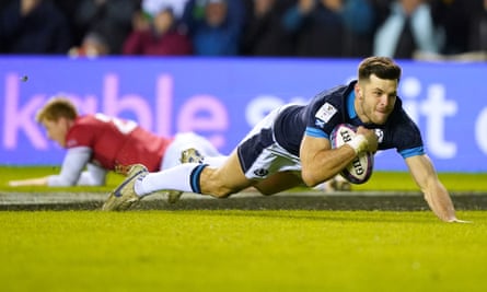 Scotland's Blair Kinghorn dives for a try against Wales