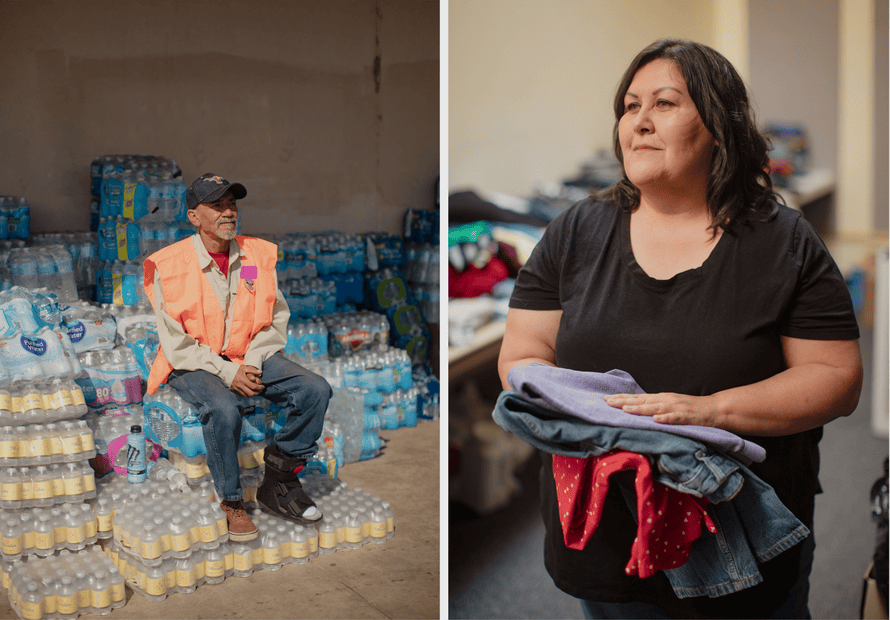 left: Vigil amid bottles of water; right: Lopez holding clothes and smiling