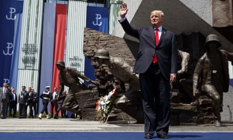Donald Trump waves as he arrives to deliver a speech at Krasinski Square in Warsaw in July 2017.