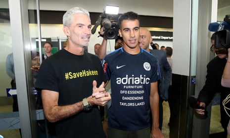 Footballer Hakeem al-Araibi Arrives In Australia Following Release From Thai Detention<br>MELBOURNE, AUSTRALIA - FEBRUARY 12: Craig Foster and Hakeem al-Araibi are seen upon al-Araibi’s arrival at Melbourne Airport on February 12, 2019 in Melbourne, Australia. Bahraini refugee Hakeem al-Araibi was detained in November when he arrived in Thailand for his honeymoon, spending more than two months in jail while fighting extradition to Bahrain. Al-Araibi fled his home country in 2014 and was granted refugee status in Australia on the grounds he was persecuted and tortured in the Arabian Gulf state for participating in pro-democracy rallies. (Photo by Scott Barbour/Getty Images)