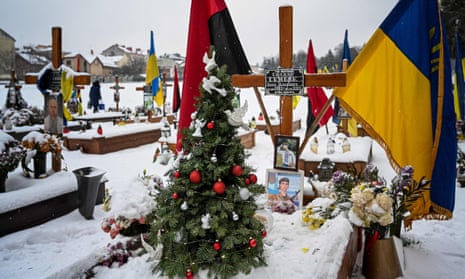 A Christmas tree on the grave of a fallen Ukrainian soldier at Lychakiv cemetery in Lviv, western Ukraine
