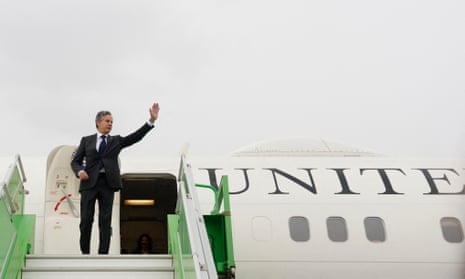 US secretary of state Antony Blinken waves while boarding a plane in the Saudi captial Riyadh on 30 April.