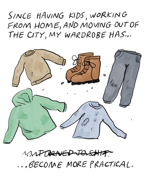 A series of cartoon images of a scruffy woman trying to find something to wear for a wedding, panel 2