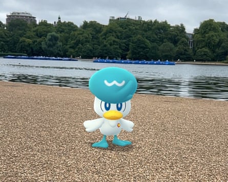 A cartoon duck appears to be standing next to a lake