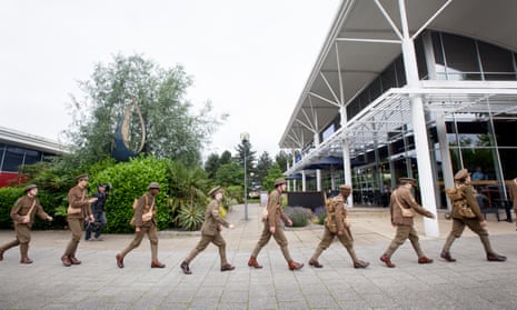 Soldiers walk through Milton Keynes as part of a 2016 artwork by Jeremy Deller and Rufus Norris commemorating the Battle of the Somme.