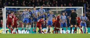 Liverpool’s Philippe Coutinho scores his side’s fourth goal during the Premier League match at the AMEX Stadium, Brighton. Liverpool went on to win 1 v 5.Liverpool have won three consecutive away league games after enjoying just one victory in the previous five on the road.
