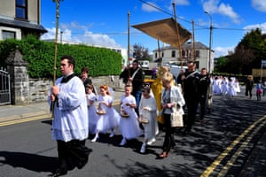 Catholic priests lead a procession through Buncrana in County Donegal, Ireland on the feast of Corpus Christi. The archdiocese of Dublin commissioned research showing attendance at mass is to fall by a third by 2030.