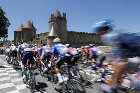 Riders in action in front of the 'Cite de Carcassonne' during Stage 4 of the Tour de France