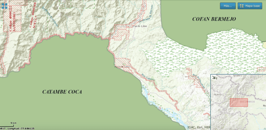 Map from the Ministry of Mines’s website showing the concessions - marked in red - upstream from Sinangoe - not marked - along the River Aguarico and tributaries. The concessions now run around the entire north-eastern rim of the Cayambe Coca National Park. Photograph: Ministry of Mines