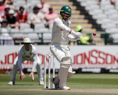 Mitchell Starc plays a shot on day three of the third Test