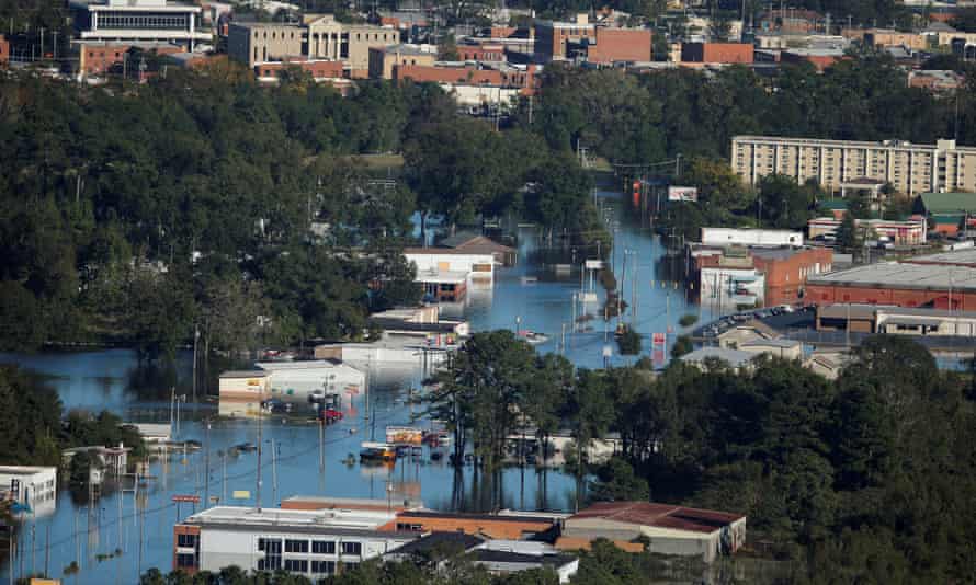 An aerial view shows floodwaters after Hurricane Matthew in Lumberton.