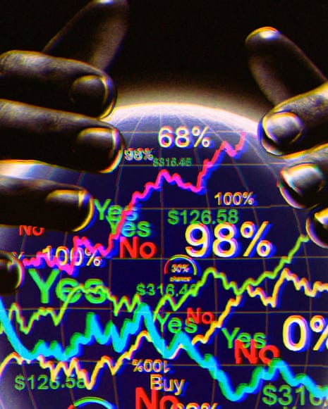 Two hands hover around a glowing crystal ball filled with numbers and charts