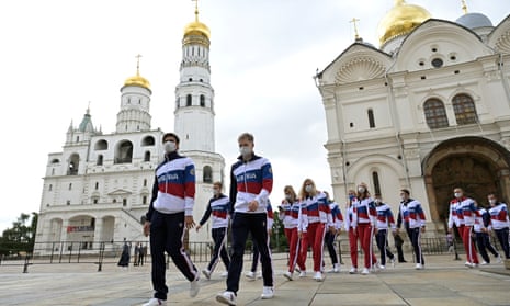 Members of Russian Olympic team – which will be known as the ROC team in Tokyo – after a meeting with Vladimir Putin before leaving for the Games.