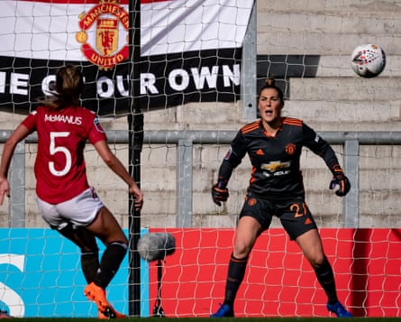 Mary Earps of Manchester United Women in action during the WSL match against Chelsea Women at Leigh Sports Village on 6 September 2020.