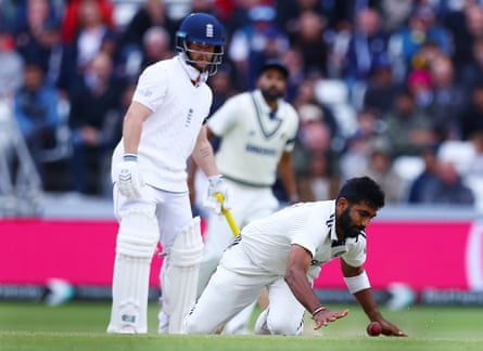 Jasprit Bumrah on the ground on the fifth day of the first Test