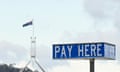 Australian Parliament House is seen behind a ‘Pay Here’ sign at a parking pay station in Canberra