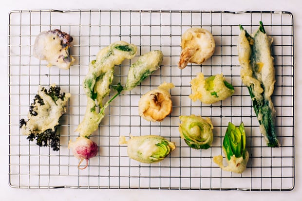 Tom Hunt’s tempura with leeks and other vegetables.