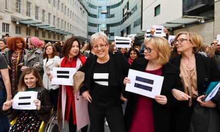 Marching for equality: Carrie Gracie and BBC employees gather outside Broadcasting House in London to highlight equal pay on International Women’s Day.
