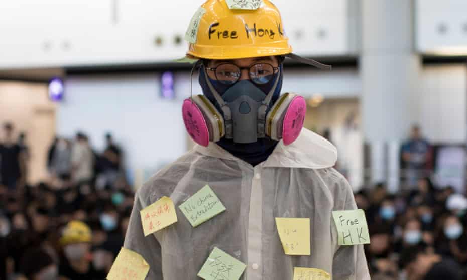 A protester at Hong Kong airport on Friday. Beijing-controlled media portray the campaigners as ‘thugs’ and ‘radicals’.
