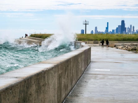 Waves crashing over the seawall at Montrose Point, Chicago, Illinois.