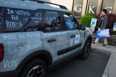 Voting messages are displayed on a car at a primary election night watch party for Rebecca Bennett, Democratic candidate for New Jersey’s 7th Congressional District, Tuesday, June 2, 2026, in Bridgewater, N.J. (AP Photo/Ryan Murphy)