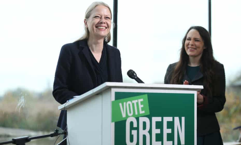 Green party co-leader Sian Berry (left) and deputy leader Amelia Womack at launch of the party’s 2019 manifesto