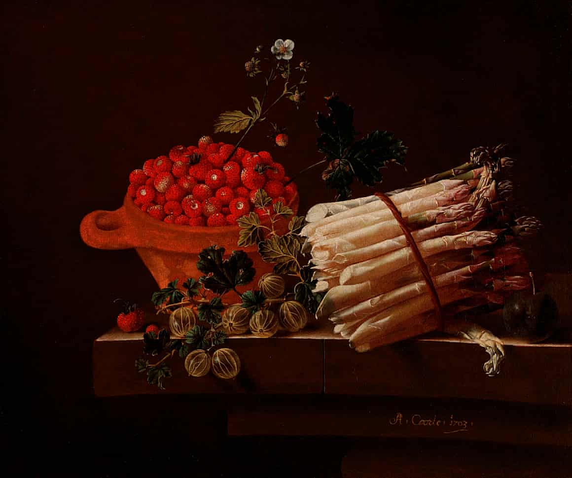 Still Life with a Bowl of Strawberries, a Spray of Gooseberries, Asparagus and a Plum, Adriaen Coorte, 1703