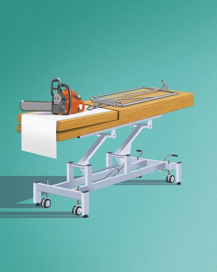 Illustration of chainsaw on a hospital gurney that looks like a mouse trap