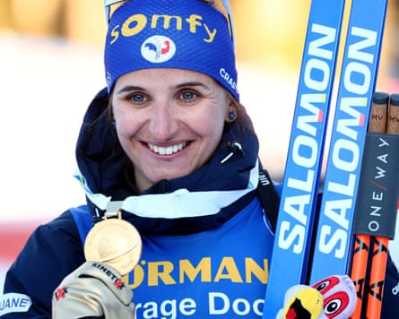 Julia Simon with her gold medal after winning the women's 15km individual competition.