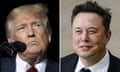 A composite image showing Donald Trump standing in front of a microphone and Elon Musk smiling.