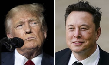 A composite image showing Donald Trump standing in front of a microphone and Elon Musk smiling.